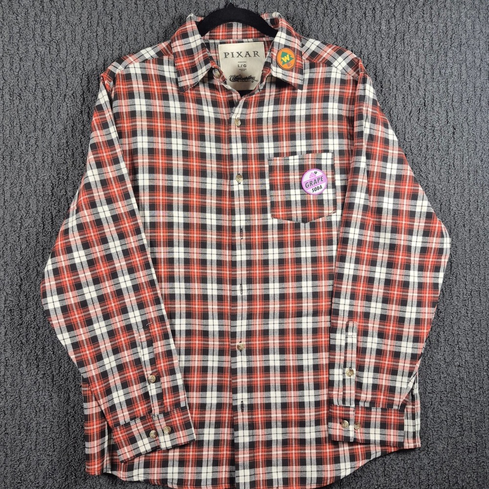 Cakeworthy Pixar Up Flannel Shirt Mens Large Red Plaid Adventure Is Out There